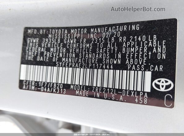 5YFEPRAE2LP117444 2020 TOYOTA LL Silver Вид підкапотного простору