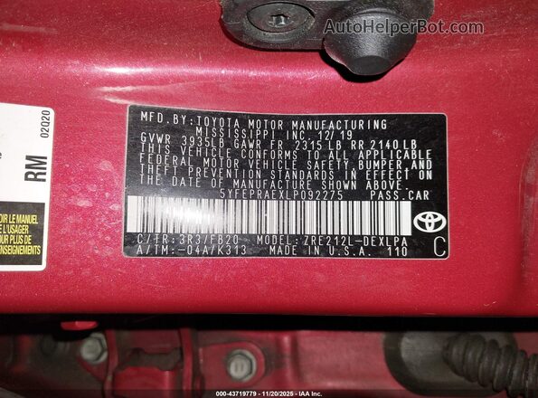 5YFEPRAEXLP092275 2020 TOYOTA LL Red ძრავის განყოფილების ხედი