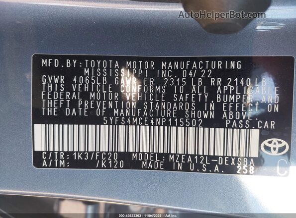 5YFS4MCE4NP115502 2022 TOYOTA LL Blue Widok komory silnika