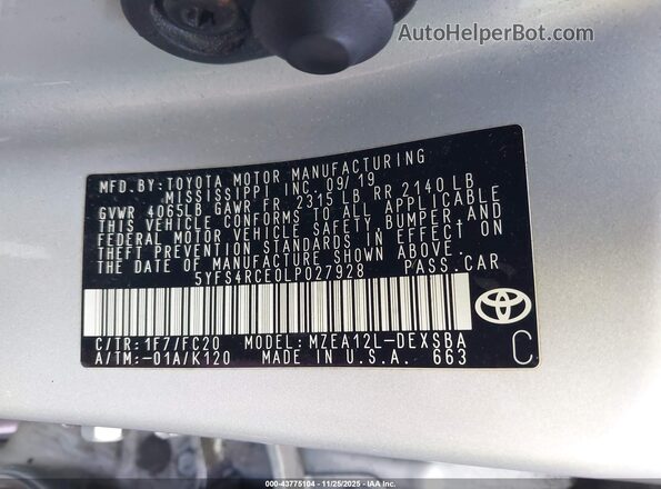 5YFS4RCE0LP027928 2020 TOYOTA LL Серебряный Вид подкапотного пространства