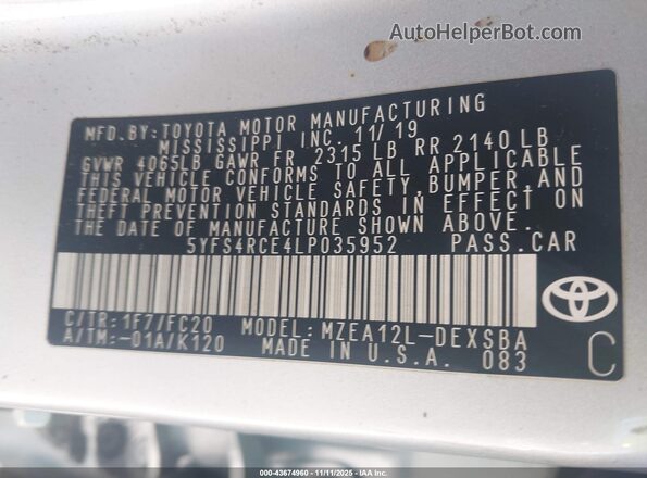 5YFS4RCE4LP035952 2020 TOYOTA LL Silver Engine compartment view