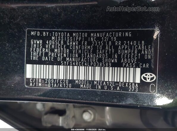 5YFS4RCE4LP038589 2020 TOYOTA LL Черный Вид подкапотного пространства