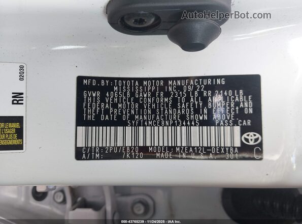 5YFT4MCE8NP134445 2022 TOYOTA LL White Вид підкапотного простору