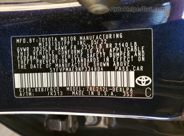 5YFVPMAE9NP334804 2022 TOYOTA LL Blue Vista del compartimento del motor