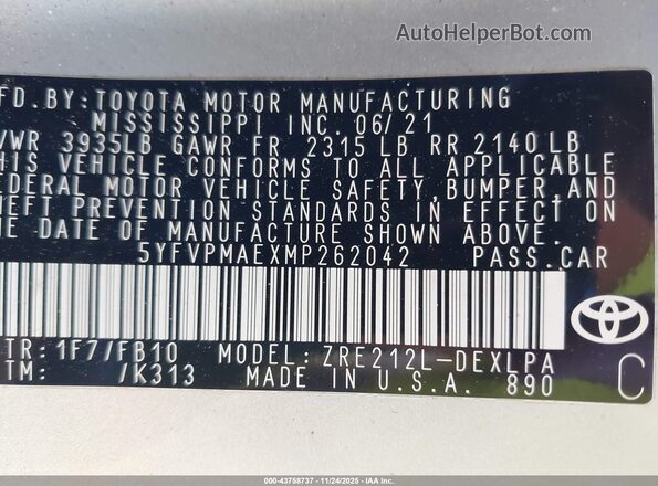 5YFVPMAEXMP262042 2021 TOYOTA LL Silver ძრავის განყოფილების ხედი