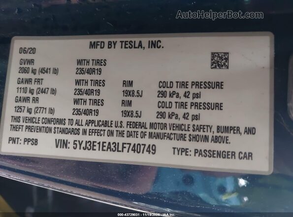 5YJ3E1EA3LF740749 2020 TESLA MODEL 3 Blue 