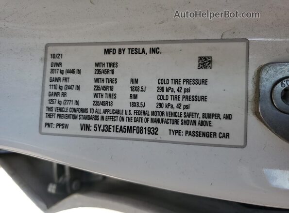 5YJ3E1EA5MF081932 2021 TESLA MODEL White VIN კოდის სტიკერის ხედი