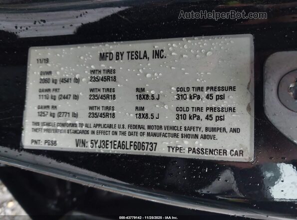 5YJ3E1EA6LF606737 2020 TESLA MODEL 3 Black Widok komory silnika