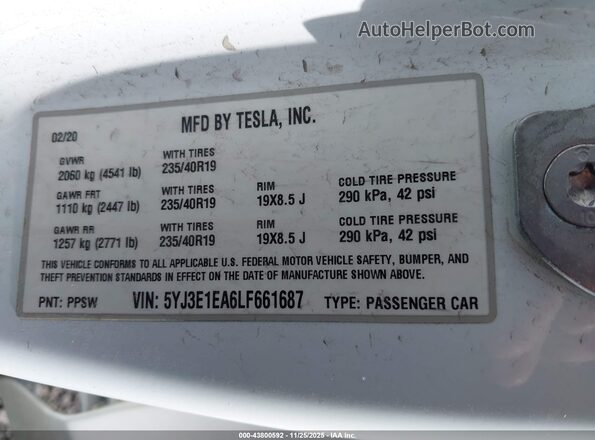 5YJ3E1EA6LF661687 2020 TESLA MODEL 3 Белый 