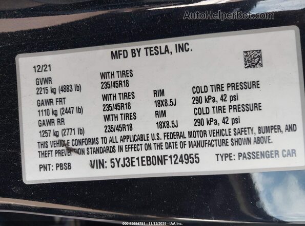 5YJ3E1EB0NF124955 2022 TESLA MODEL 3 Black Widok komory silnika