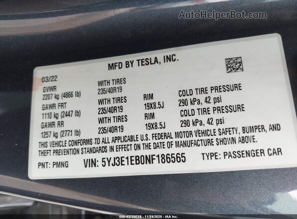 5YJ3E1EB0NF186565 2022 TESLA MODEL 3 Black Engine compartment view