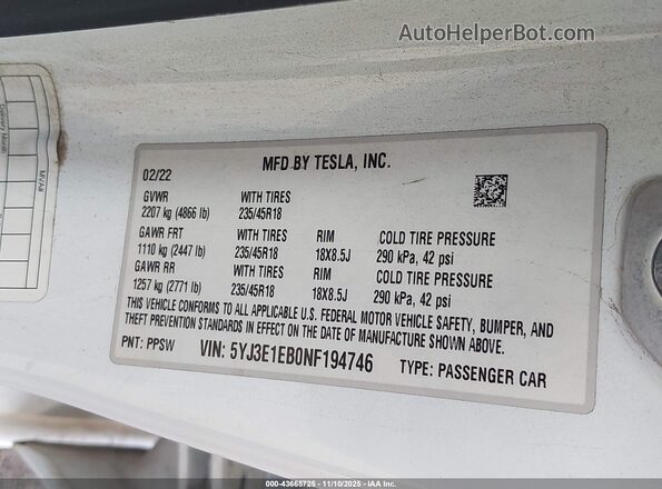 5YJ3E1EB0NF194746 2022 TESLA MODEL 3 White Vista del compartimento del motor