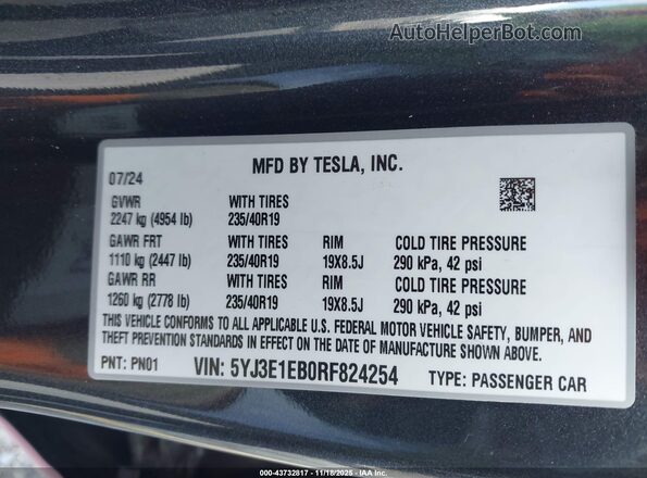 5YJ3E1EB0RF824254 2024 TESLA MODEL 3 Pink Widok komory silnika