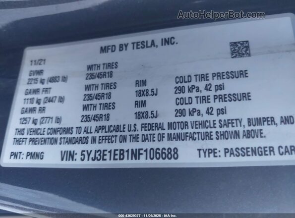 5YJ3E1EB1NF106688 2022 TESLA MODEL 3 Gray 