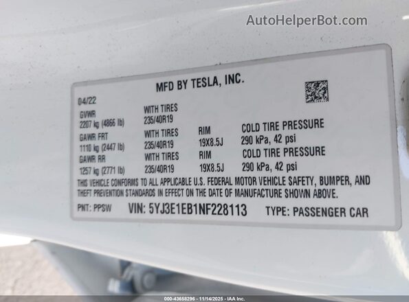 5YJ3E1EB1NF228113 2022 TESLA MODEL 3 White Շարժիչի բաժամունքի տեսք