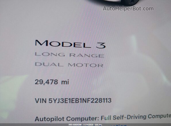 5YJ3E1EB1NF228113 2022 TESLA MODEL 3 White 