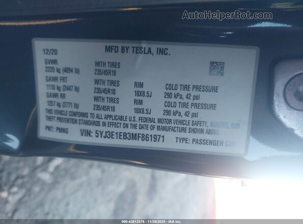 5YJ3E1EB3MF861971 2021 TESLA MODEL 3 Gray 