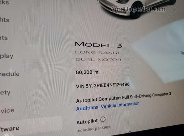 5YJ3E1EB4NF126496 2022 TESLA MODEL White Vista del cuadro de instrumentos