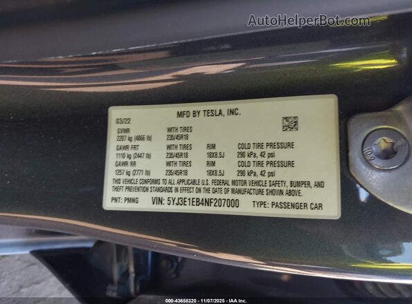 5YJ3E1EB4NF207000 2022 TESLA MODEL 3 Серый Вид подкапотного пространства