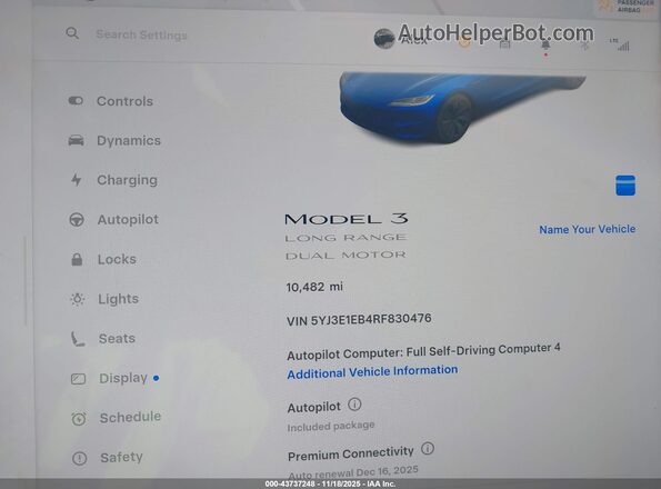 5YJ3E1EB4RF830476 2024 TESLA MODEL 3 Blue Vista de los asientos traseros