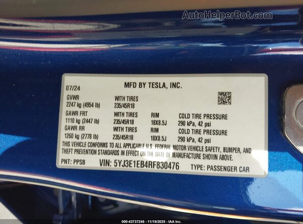 5YJ3E1EB4RF830476 2024 TESLA MODEL 3 Blue Vista del compartimento del motor