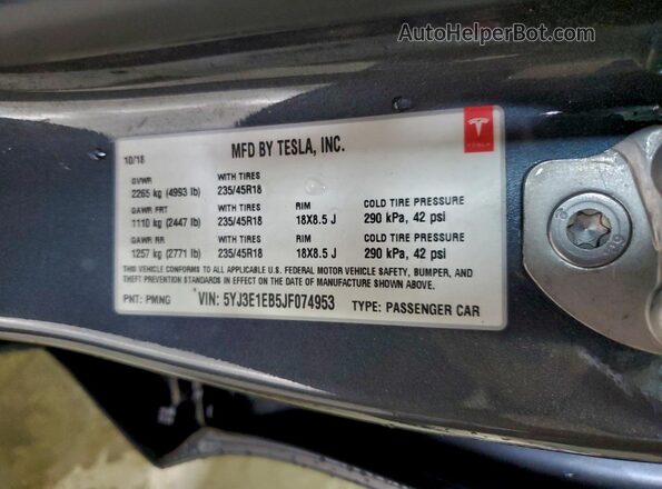 5YJ3E1EB5JF074953 2018 TESLA MODEL Gray 