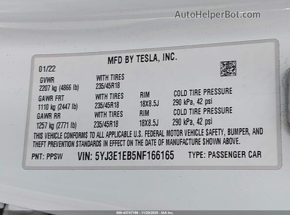 5YJ3E1EB5NF166165 2022 TESLA MODEL 3 White Շարժիչի բաժամունքի տեսք