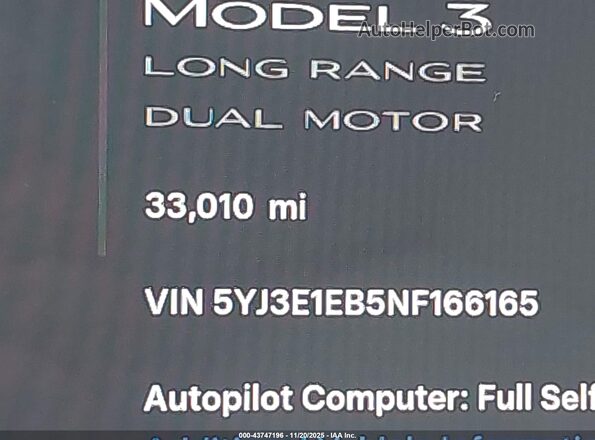 5YJ3E1EB5NF166165 2022 TESLA MODEL 3 White 