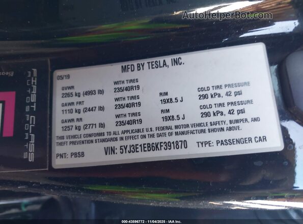 5YJ3E1EB6KF391870 2019 TESLA MODEL 3 Черный Вид подкапотного пространства