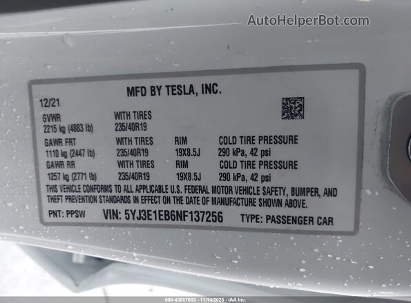 5YJ3E1EB6NF137256 2022 TESLA MODEL 3 Белый 