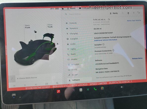 5YJ3E1EB7NF133457 2022 TESLA MODEL Green ხელსაწყოთა პანელის ხედი
