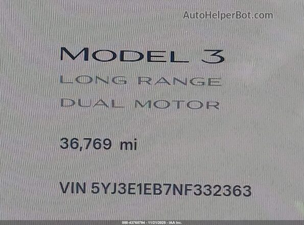 5YJ3E1EB7NF332363 2022 TESLA MODEL 3 Gray Панорамний вид салону 360°