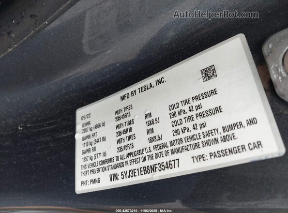 5YJ3E1EB8NF354677 2022 TESLA MODEL 3 Gray Vista del compartimento del motor