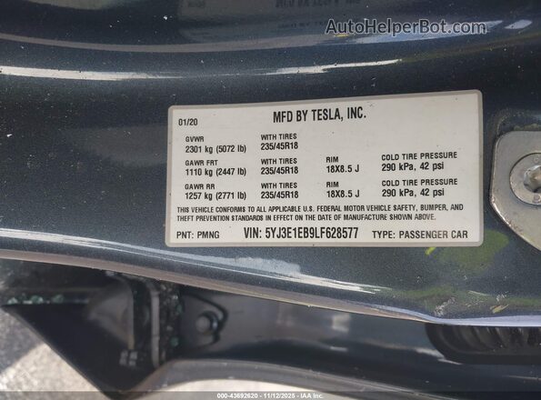 5YJ3E1EB9LF628577 2020 TESLA MODEL 3 Серый Вид подкапотного пространства