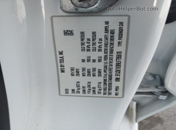 5YJ3E1EB9LF795618 2020 TESLA MODEL Белый Вид наклейки с VIN-кодом