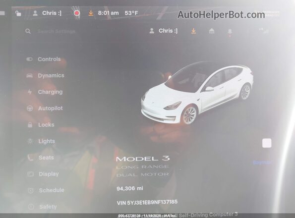 5YJ3E1EB9NF137185 2022 TESLA MODEL 3 White Vista de los asientos traseros