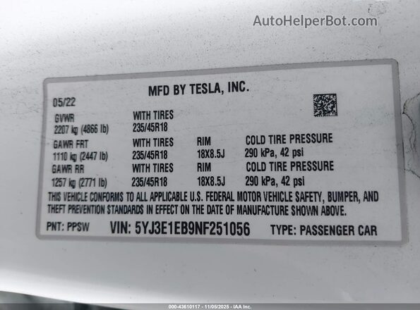 5YJ3E1EB9NF251056 2022 TESLA MODEL 3 Белый Вид подкапотного пространства