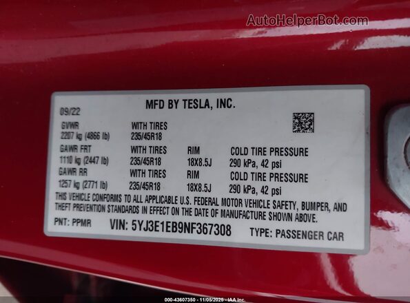 5YJ3E1EB9NF367308 2022 TESLA MODEL 3 Red Engine compartment view