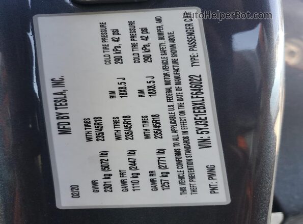 5YJ3E1EBXLF646022 2020 TESLA MODEL Gray Widok naklejki z numerem VIN