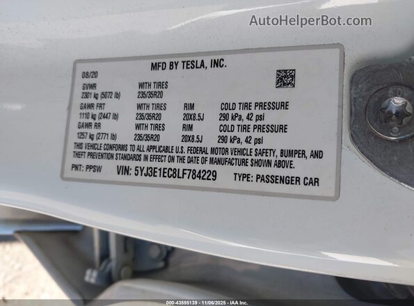 5YJ3E1EC8LF784229 2020 TESLA MODEL 3 White Vista del compartimento del motor