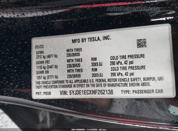 5YJ3E1ECXNF262138 2022 TESLA MODEL 3 Black Vista del compartimento del motor