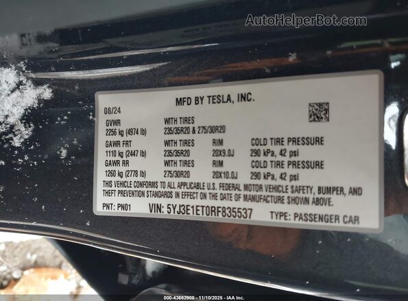5YJ3E1ET0RF835537 2024 TESLA MODEL 3 Gray ძრავის განყოფილების ხედი