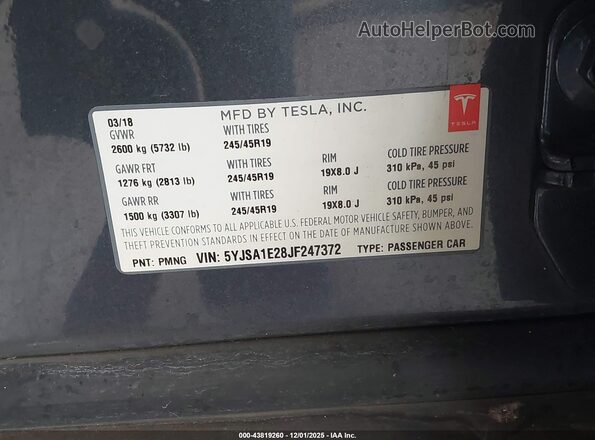 5YJSA1E28JF247372 2018 TESLA MODEL S Gray Vista del compartimento del motor