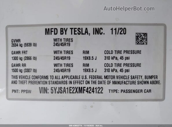 5YJSA1E2XMF424122 2021 TESLA MODEL S Белый Вид подкапотного пространства