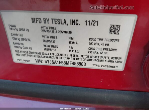 5YJSA1E53MF455903 2021 TESLA MODEL S Красный Вид подкапотного пространства