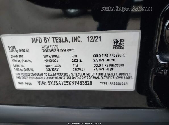 5YJSA1E5XNF463529 2022 TESLA MODEL S Black Widok komory silnika