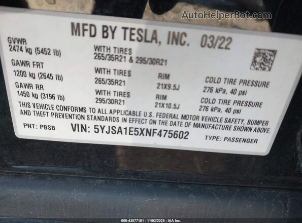 5YJSA1E5XNF475602 2022 TESLA MODEL S Black Vista del compartimento del motor