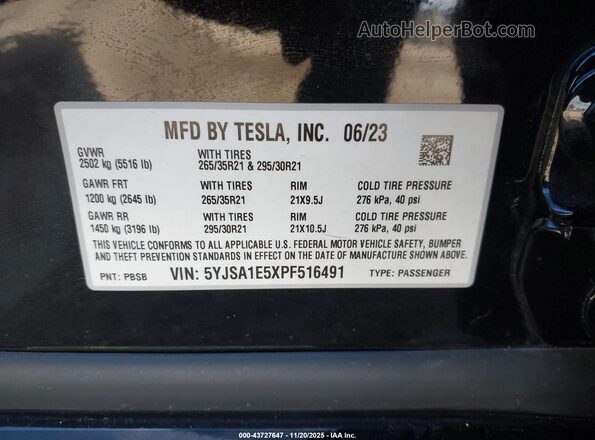 5YJSA1E5XPF516491 2023 TESLA MODEL S Black ძრავის განყოფილების ხედი