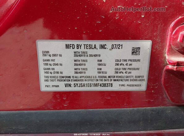 5YJSA1E61MF438378 2021 TESLA MODEL S Red Вид підкапотного простору