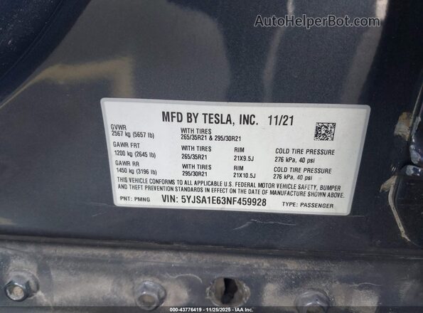 5YJSA1E63NF459928 2022 TESLA MODEL S Black Widok komory silnika